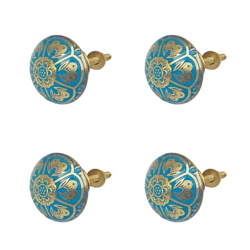 Mix & Match Jaipuri 35mm Brass Emerald Green Handcrafted Round Cabinet Knob for Wardrobe, Drawer & Cupboard (Pack of 4)