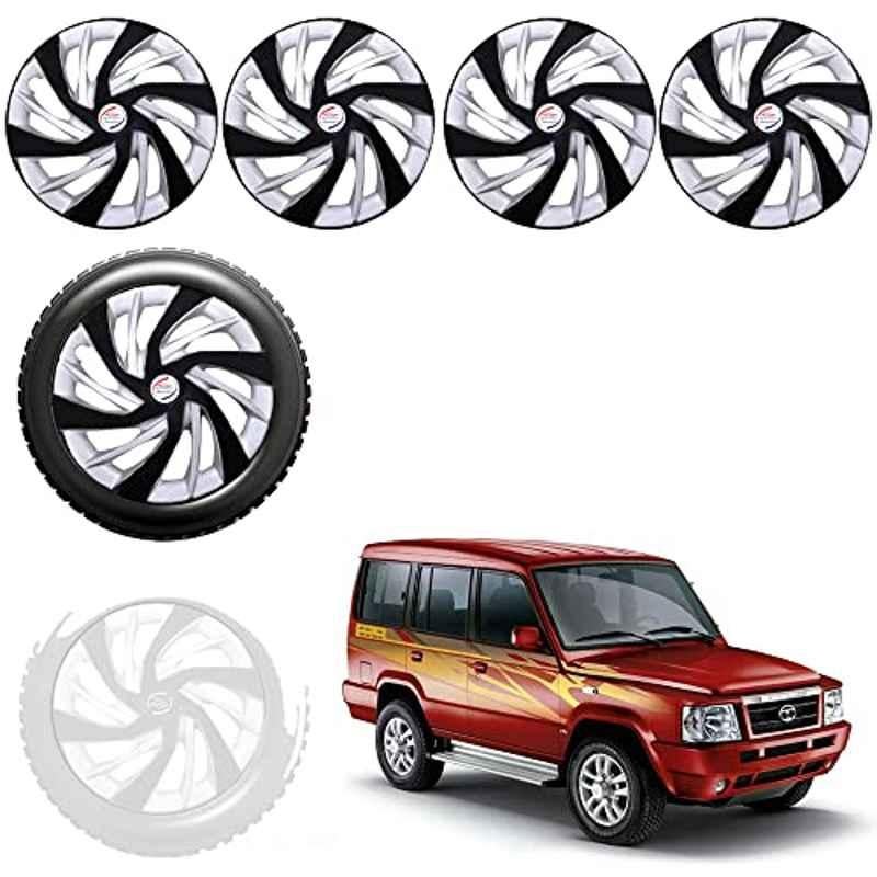 Auto Pearl 4 Pcs 15 inch Black & Silver ABS Press Type Hubcap Wheel Cover Set with Retention Ring for Tata Sumo