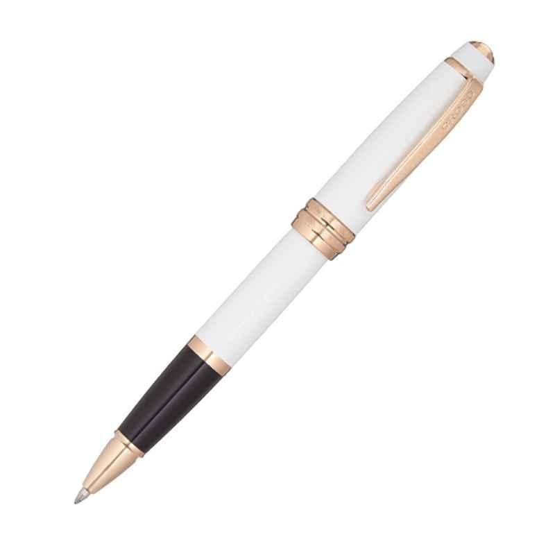Cross Bailey Black Ink Pearlescent White Lacquer & Rose-Gold Tone Roller Ball Pen with 1 Pc Black Gel Ink Refill Set, AT0455-22