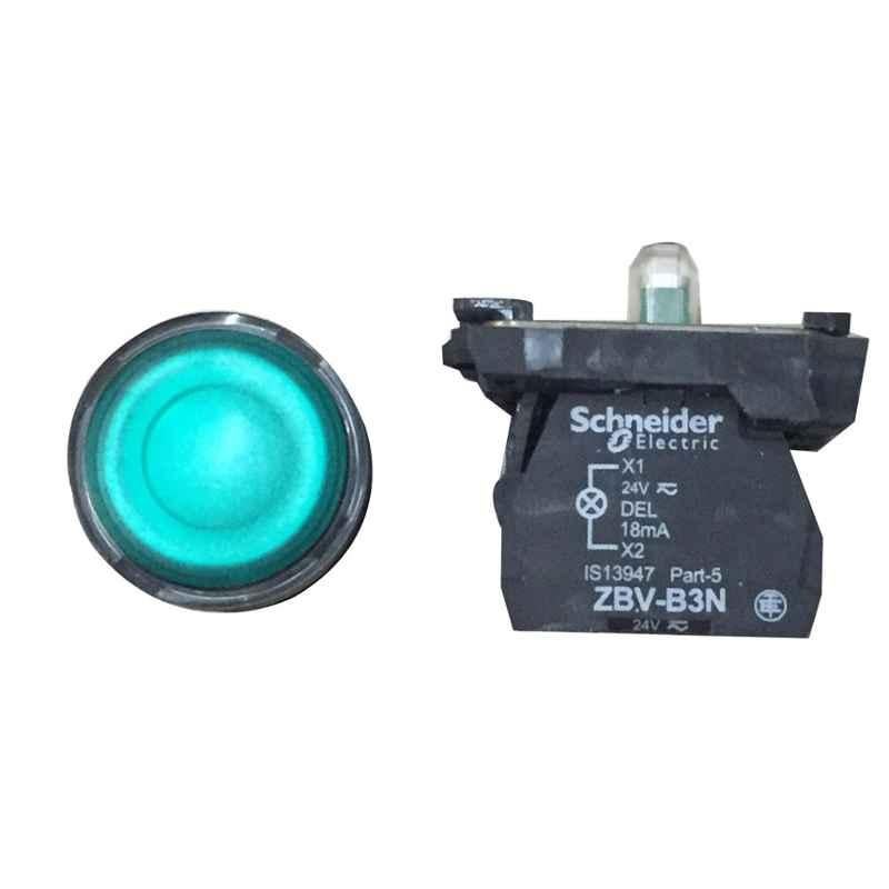 Schneider Illuminated Flush Integral LED Type Green Push Button with Smooth Lens, XB5AW33B1N