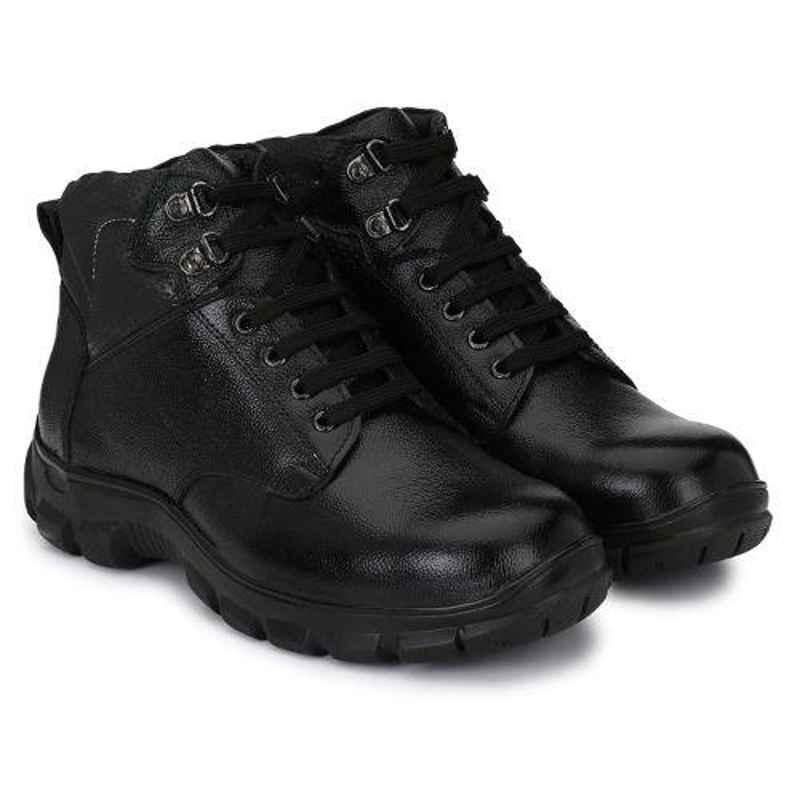 Wonker SR-6405 Leather Steel Toe Black Safety Shoes, Size: 8