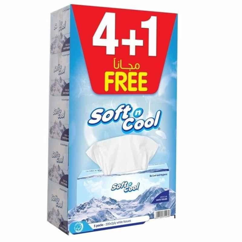 Hotpack Soft N Cool Facial Tissue, SPLSNCT2004PLUS1, 2 Ply, 200 Sheets, 4+1 Free