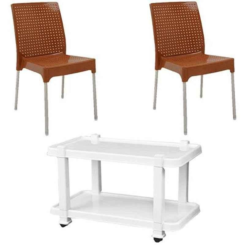 Italica 2 Pcs Polypropylene Camel Plasteel without Arm Chair & White Table with Wheels Set, 1206-2/9509