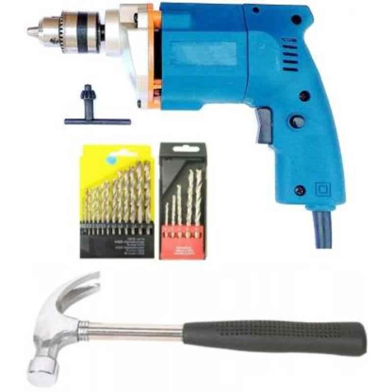 Imported 10mm Heavy Duty Electric Drill Machine with 1Pc Hand Hammer, 13Pcs HSS, 5Pcs Masonry Drill Bit Set Power & Hand Tool Kit