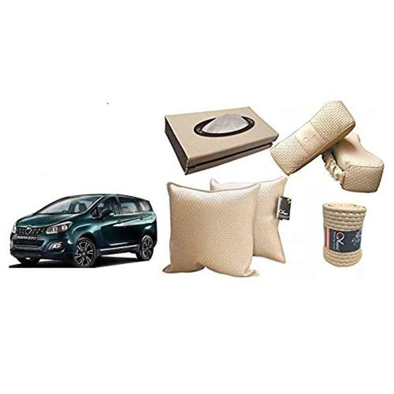 Kozdiko 2 Pcs Cushion Pillow, 2 Pcs Neck Rest, Tissue Box & Steering Beige Car Cover Combo for Mahindra Marazzo