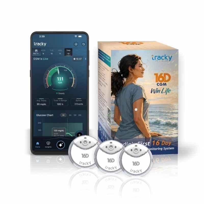 Tracky 16D CGM Continuous Glucose Monitor with 16 Days Wear, Real-Time Glucose Tracking, Smart High & Low Alerts, Factory Calibrated, App with AI Insights, Nightscout Integration, Health & Fitness Integrations (Pack of 3)