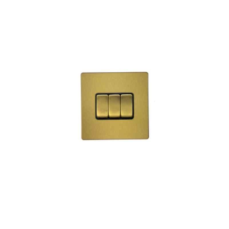 RR Vivan Metallic 10A Brushed Gold 3-Gang 1-Way Switch with Black Insert, VN6677M-B-BG
