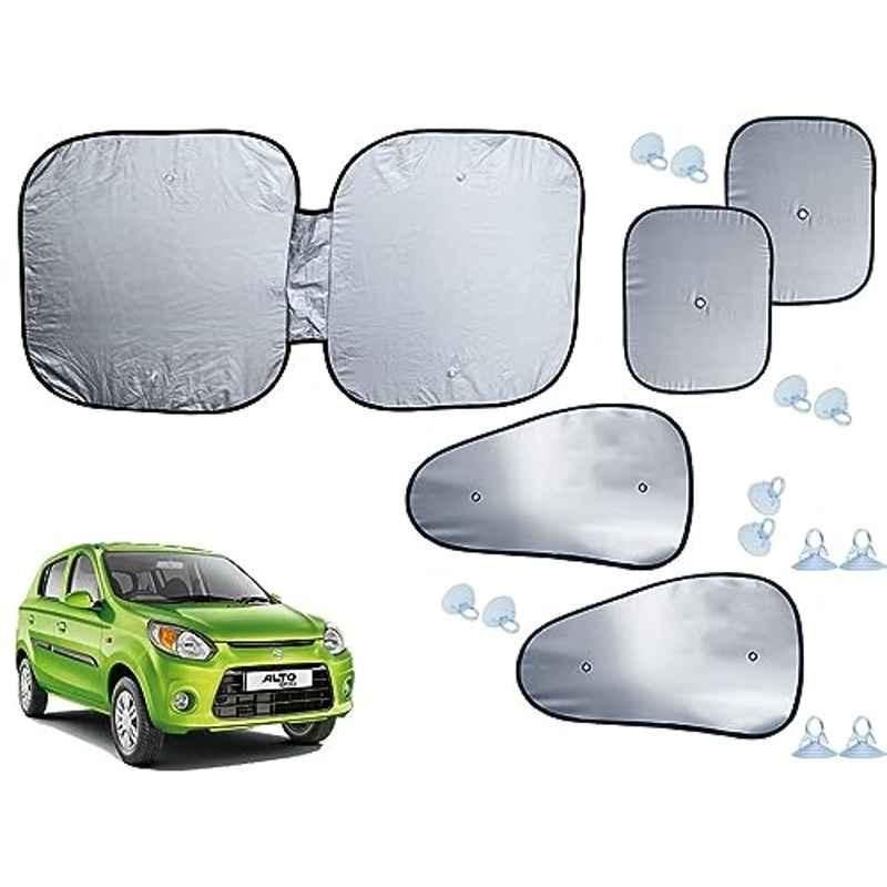 Auto Pearl 5 Pcs Polyester Black & Silver Window & Front Sun Shade Set for Maruti Suzuki Alto 800 2016-2019