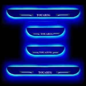 SureStrive 4 Pcs Acrylic Black Car Door Footstep Sill Scuff Plate Set with Blue LED for Volkswagen Touareg All Model