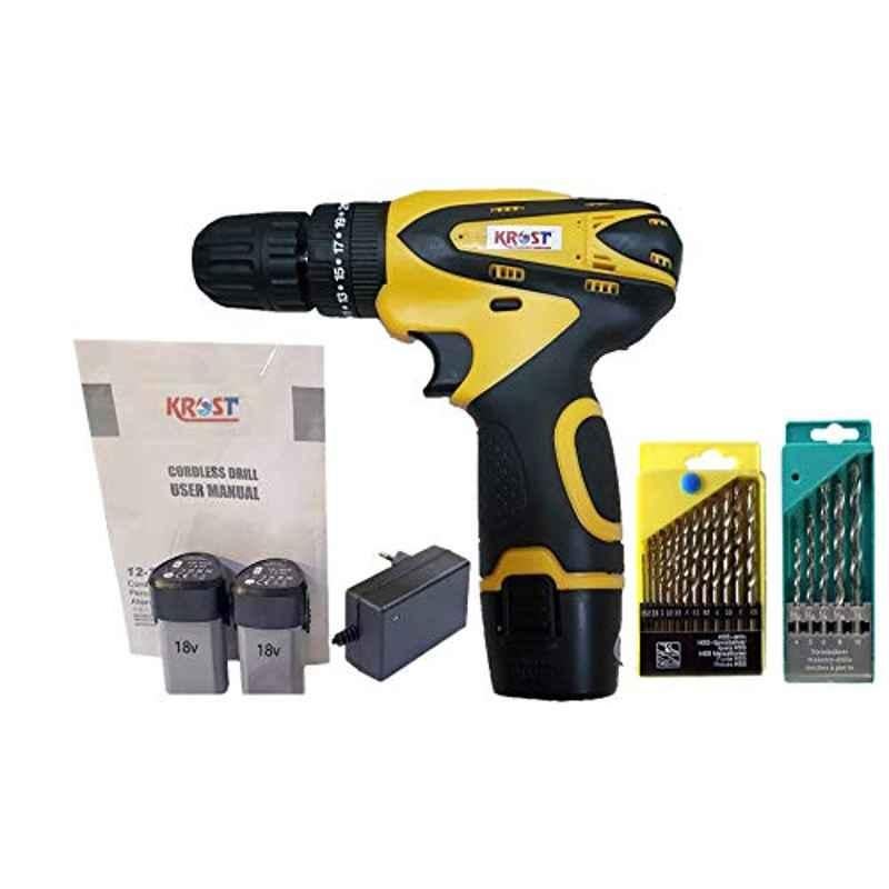 Krost 18V Cordless Drill/Screwdriver, Dual Speed Keyless Chuck With 2 Batteries, Led Torch Variable Speed And Torque Setting (19+1) And Drill Set, Yellow