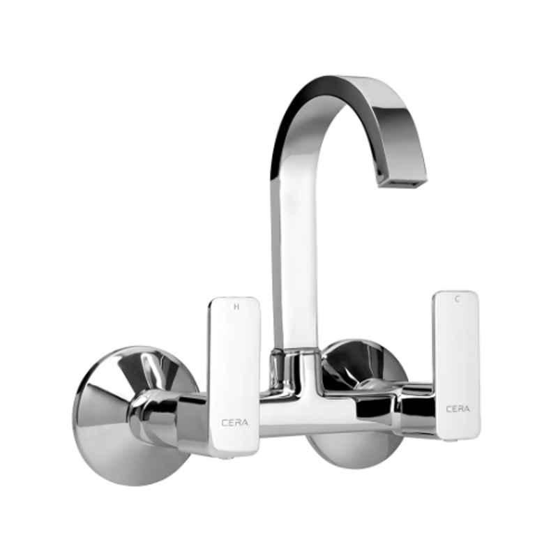 Cera Ruby Single Lever Brass Chrome Finish Silver Wall Mounted Sink Mixer with Long Swivel Spout & Wall Flange, F1005501