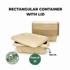 Eco Aaroyaa 500ml Bagasse Rectangular Disposable Container with Lid (Pack of 25)