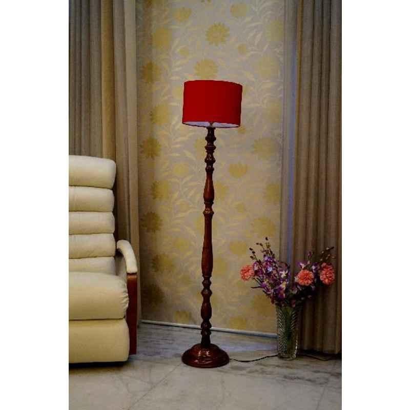Tucasa Royal Brown Mango Wood Floor Lamp with Red Drum Polycotton Shade, WF-93