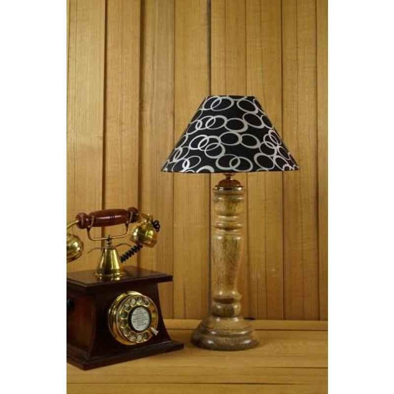 Tucasa Mango Wood Royal Brown Table Lamp with 10 inch Polycotton Black Silver Pyramid Shade, WL-232