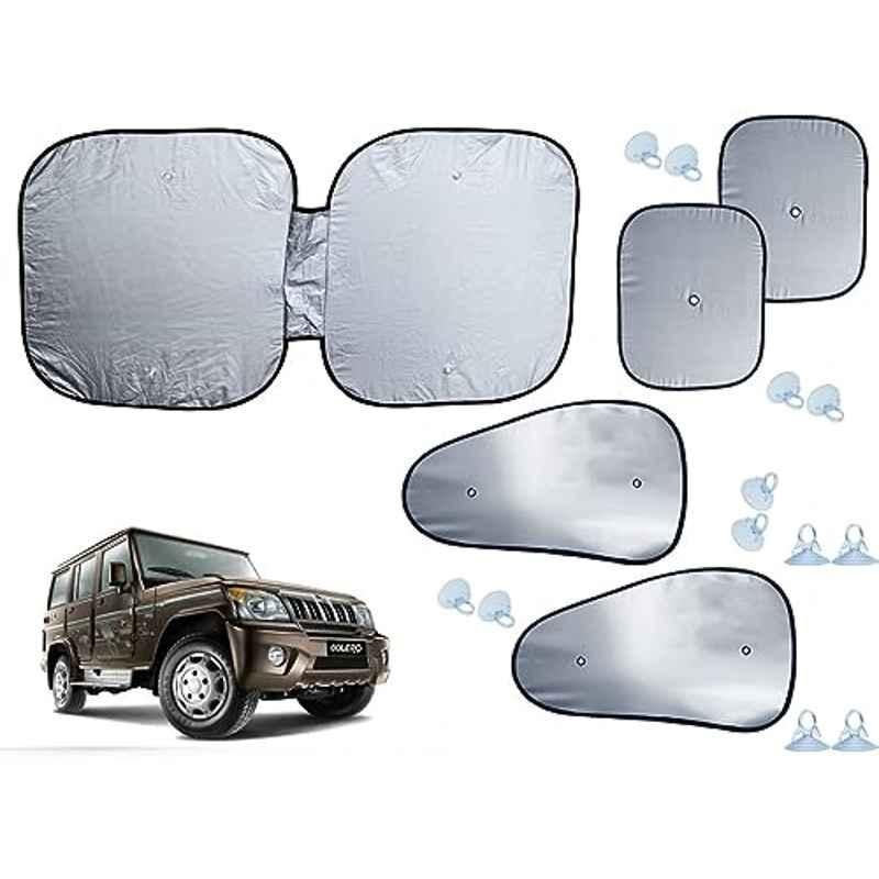 Auto Pearl 5 Pcs Polyester Black & Silver Window & Front Sun Shade Set for Mahindra Bolero SLX 2011-19