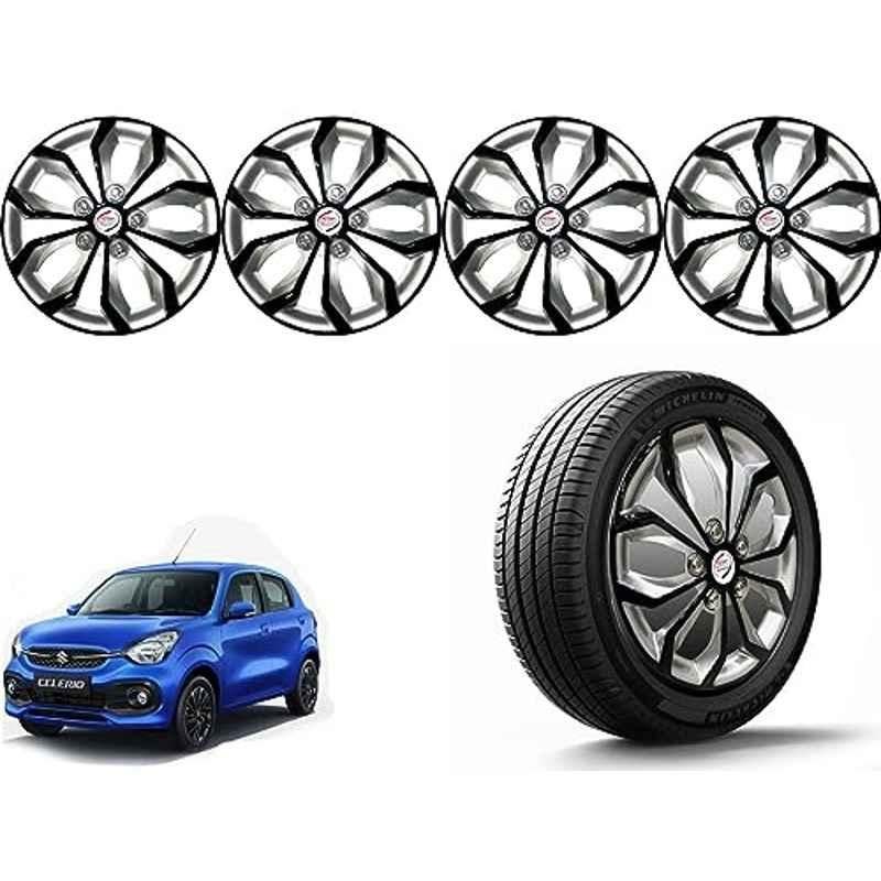 Auto Pearl 4 Pcs 14 inch Polypropylene Black & Silver Press Type Car Wheel Cover Set with Retention Ring for Maruti Suzuki Celerio 2021 Onwards, 14WC_Pearl_Rev_Celerio2021onwards