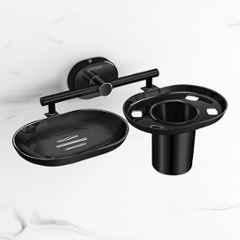 Plantex Stainless Steel Soap Dish with Tumbler Holder/Soap and Brush Holder for Bathroom/2 4-in-1 Soap Holder with Toothbrush Holder/Bathroom Accessories PVD Black Finish Onix