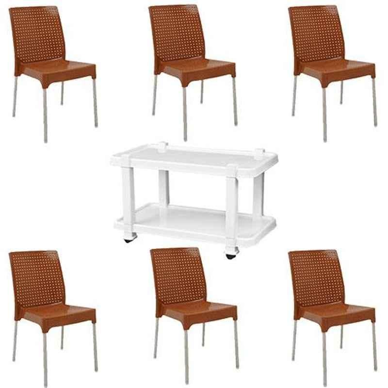 Italica 6 Pcs Polypropylene Camel Plasteel without Arm Chair & White Table with Wheels Set, 1206-6/9509