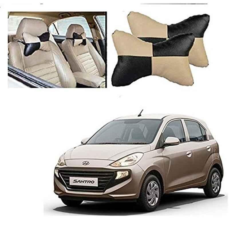 Kozdiko 2 Pcs Black & Beige Square Chess Design Car Neck Rest Pillow Set for Hyundai Santro 2018