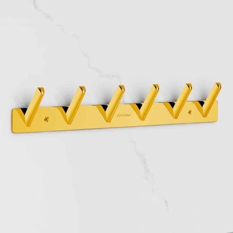 Plantex Wall Hooks for Hanging Cloth/Stainless Steel Towel Hangers/Bathroom Robe Hooks/Door Hangers/Square Wall Hook/Hook Rail for Hanging Keys 6 Hooks, PVD Gold
