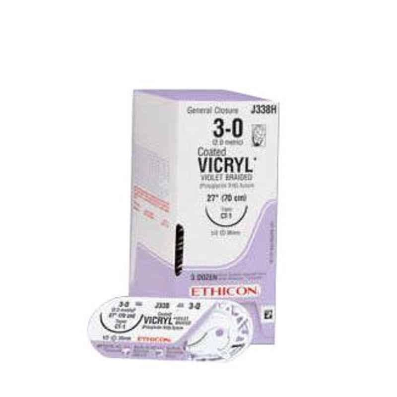 Ethicon NW2495 Vicryl 3-0 Absorbable Violet Braided Suture3, Size: 45cm (Pack of 12)