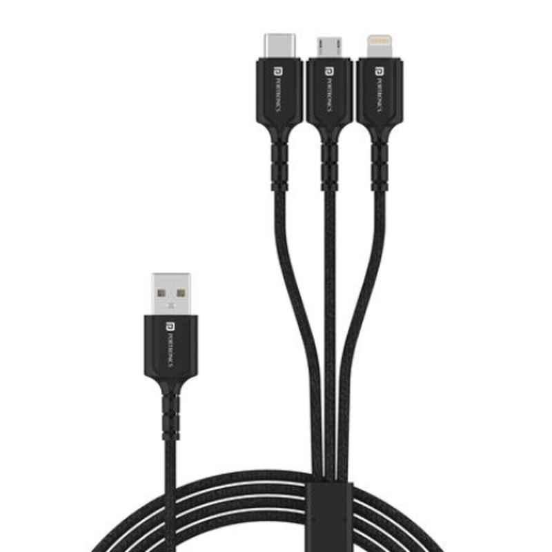 Portronics Konnect A Trio 1.5m 8 Pin 3A Nylon Braided Black 3 In 1 Multifunction Cable, POR 1313 (Pack of 6)