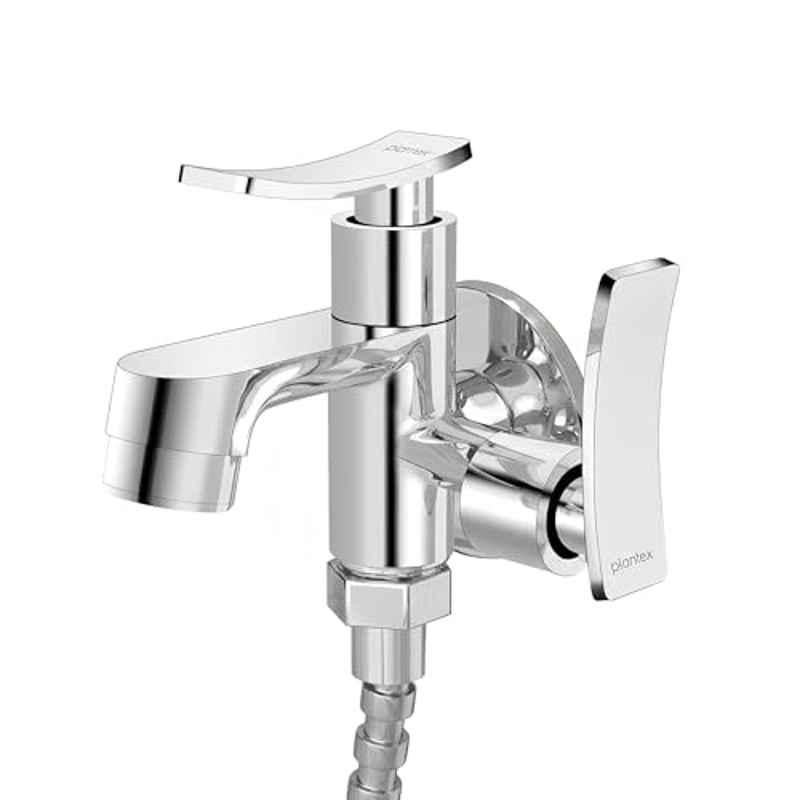 Plantex Pure Brass 2-in-1 Tap for Washing Machine/2-Way Bib Cock for Bathroom with Brass Wall Flange & Teflon Tape (Star, Chrome)