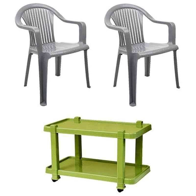 Italica 2 Pcs Polypropylene Metallic Grey Premium Arm Chair & Green Table with Wheels Set, 9201-2/9509