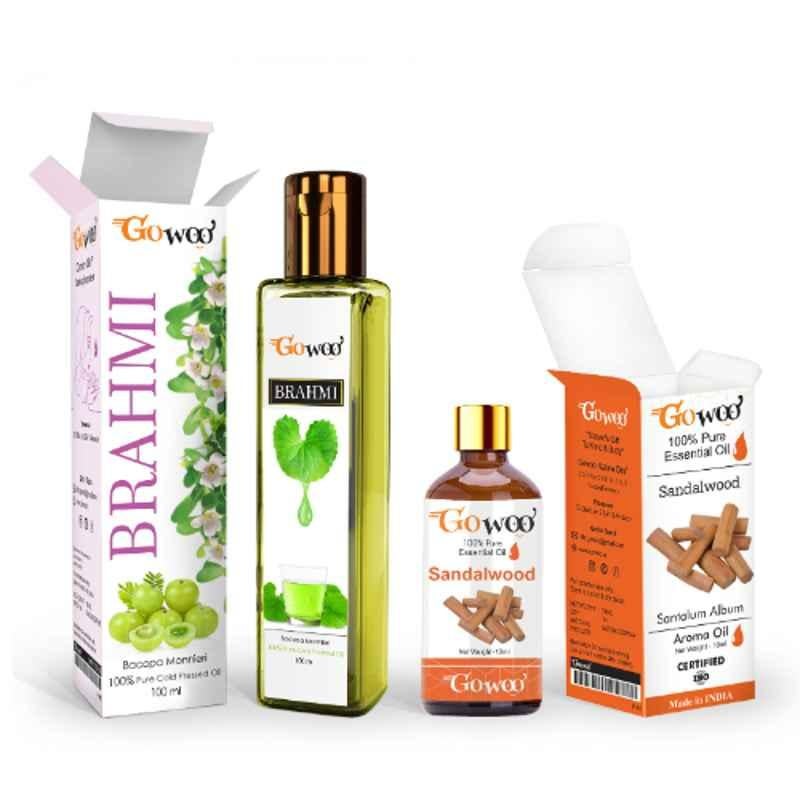 GoWoo 2 Pcs 10ml Natural Therapeutic Grade Sandalwood Aroma Oil & 100ml Brahmi Carrier Oil Set, GWOC1194-P44+P169