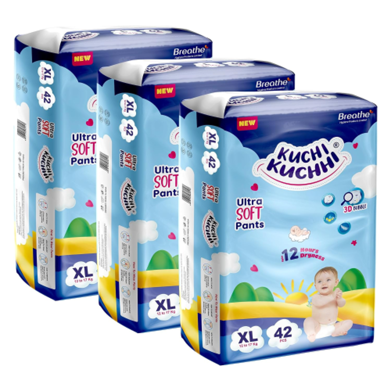 Kuchi Kuchhi Baby Diaper Pants, Extra Large (12-17kg), Pack of 3 (126 Pcs), 3D Bubble Top Ultra Soft Unisex Leakproof Diapers, KK_XL42X3