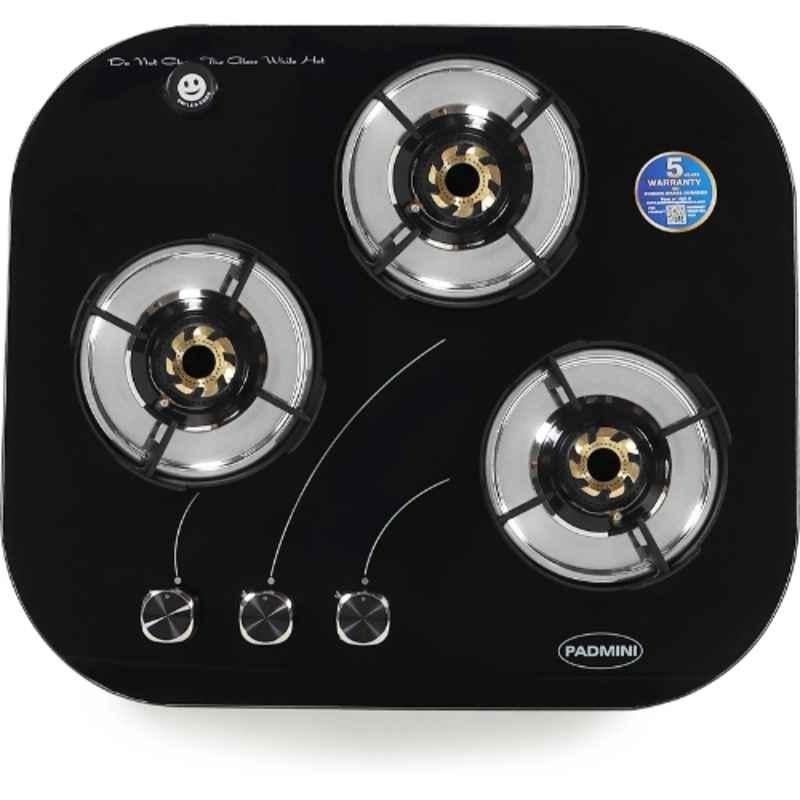 Padmini 3 Burner Stainless Steel Black Automatic Ignition Glass Top Gas Stove, Gas Hob CS-300 GL IB