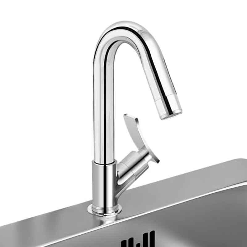 Plantex Star Pure Brass Silver Chrome High Neck Pillar Cock Water Tap with Teflon Tape/360 Degree Swivel Spout/Single Lever Tabletop Basin Sink Cock, APS-2151