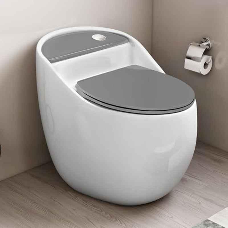 Plantex Platinum Ceramic Rimless Commode/One Pcs Western Toilet/Siphonic Flush Western Commode with Soft Close Toilet Seat S Trap Outlet White & Grey