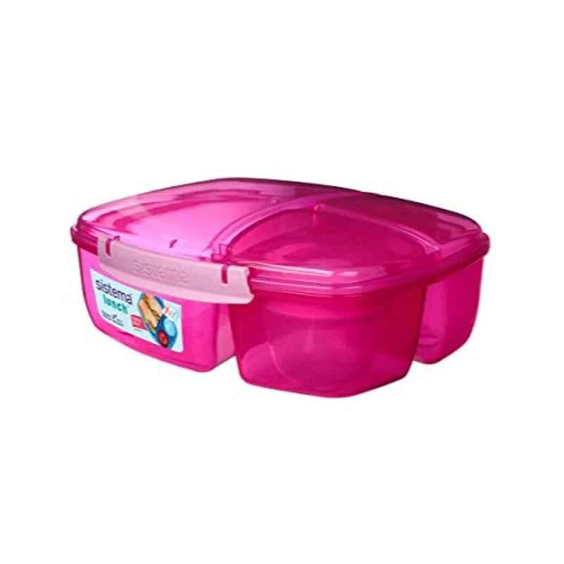 Sistema 2L Plastic Pink Triple Split Lunch Box with Yoghurt Pot, 40920-3