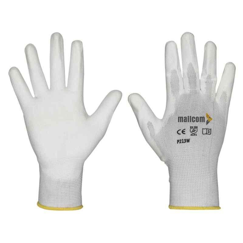 Mallcom 9 Inch White Polyurethane Coated Safety Gloves, P213W (Pack of 6)