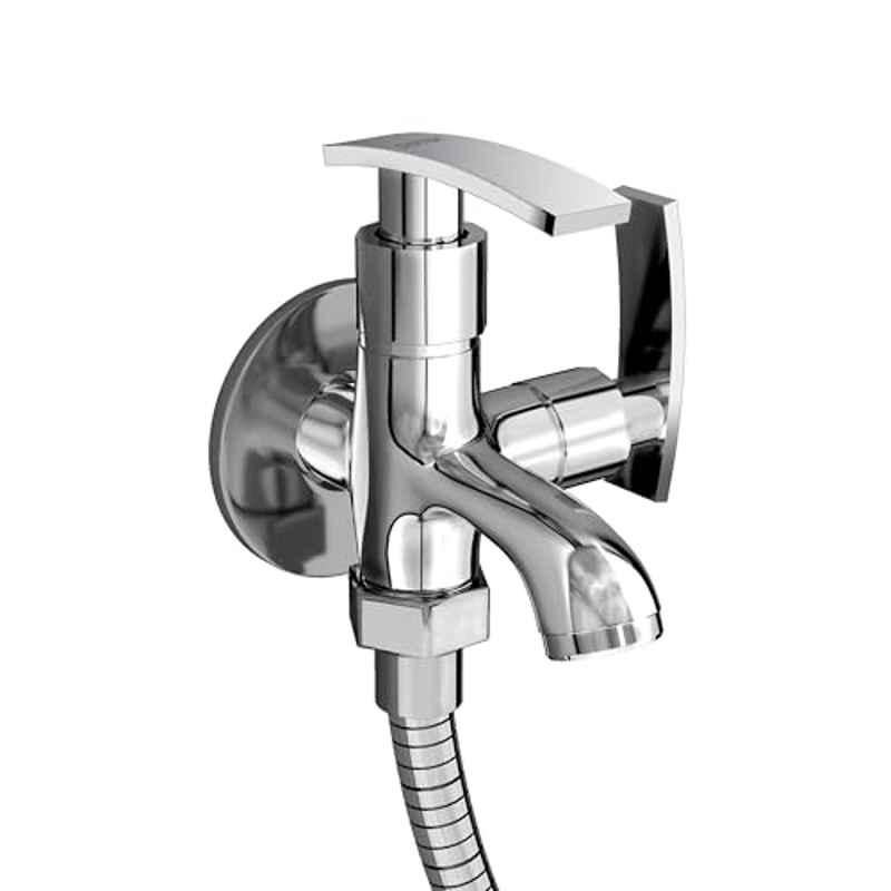 Plantex SMR-1265 Chrome Two Way Tap for Washing Machine with Water Saving Aerator/2 in 1 Bibcock Water Tap for Bathroom with Brass Spindle and Wall Flange/Bathroom Tap