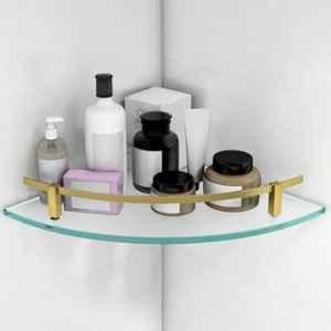 Plantex Premium Frosted Glass Corner Shelf for Bathroom/Storage Glass Shelf 12x12 inch Antique Brass