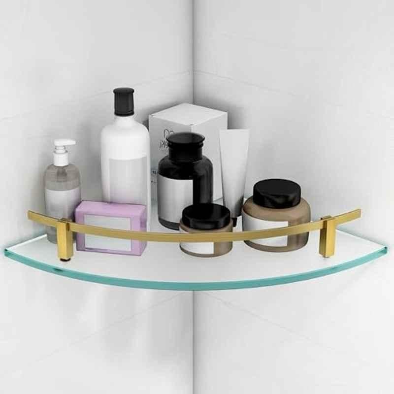 Plantex Premium Frosted Glass Corner Shelf for Bathroom/Storage Glass Shelf 12x12 inch Antique Brass