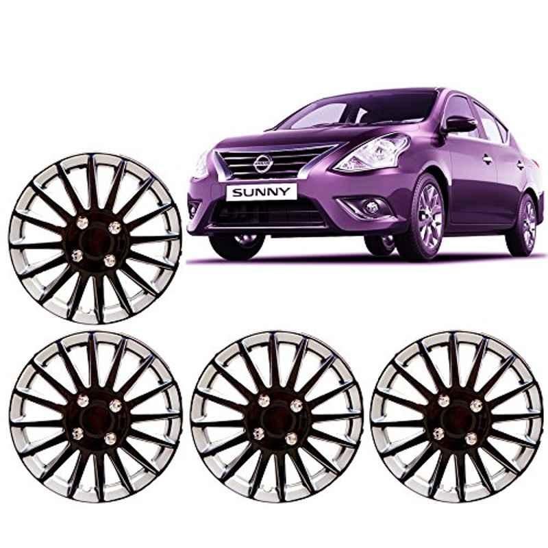 Auto Pearl 4 Pcs 15 inch ABS Black & Silver Press Fitting Wheel Cover Set for Nissan Sunny