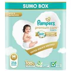 Pampers 216 Pcs Premium Care Cottony Softness Baby Diaper Packet, Size: Medium