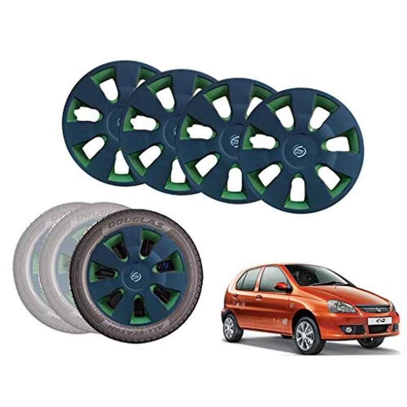 Auto Pearl 13 inch ABS Black & Green Car Hubcap Wheel Cover with Retention Ring Set for Indica