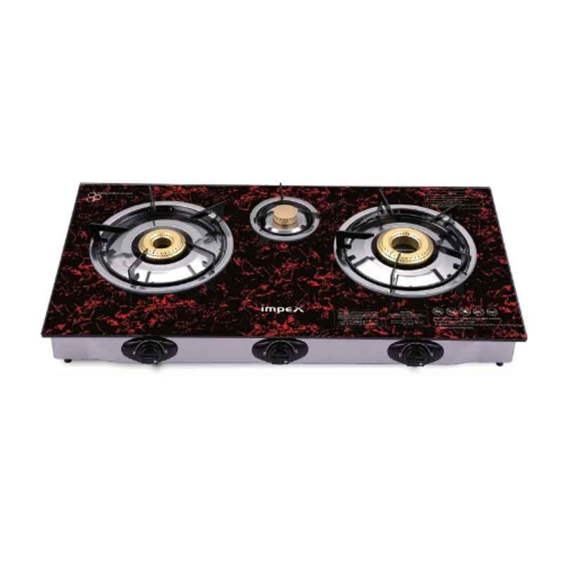 Impex 3 Burners Steel Black Glass Top Gas Stove, IGS 1213F