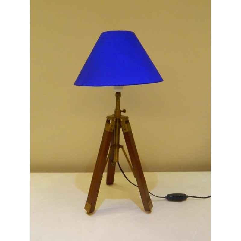 Tucasa Mango Wood Brown Tripod Table Lamp with Polycotton Blue Shade, P-69