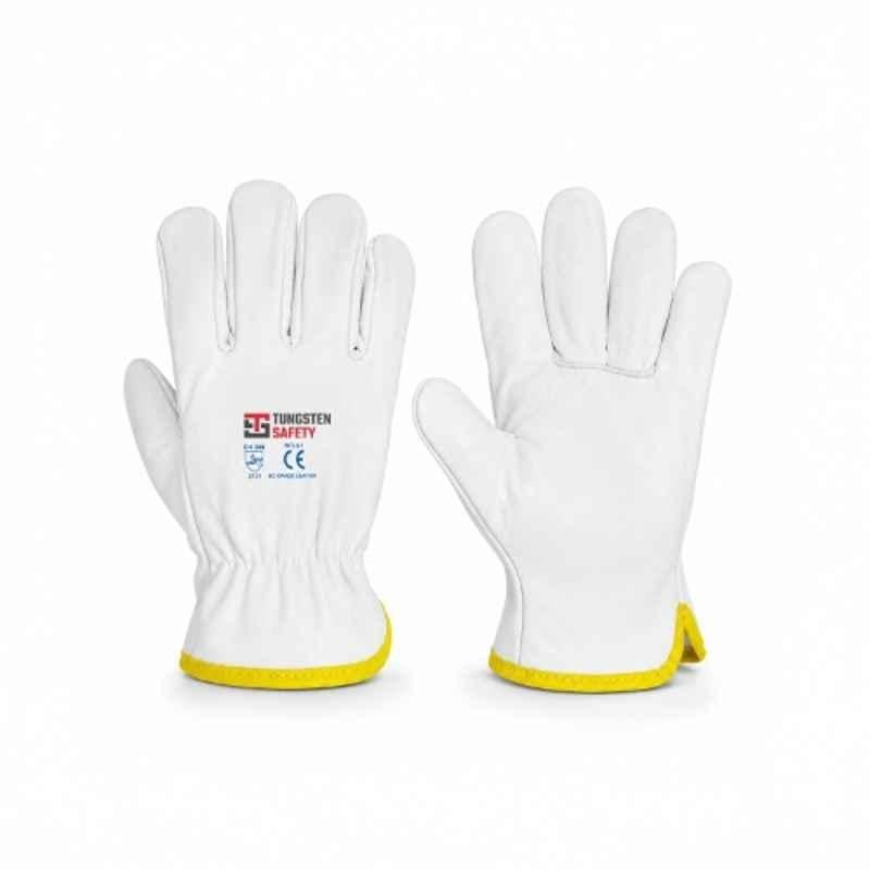 Tungsten Safety Soft Chrome Leather White & Yellow Safety Gloves with 1-2mm Thickness, Size: 8