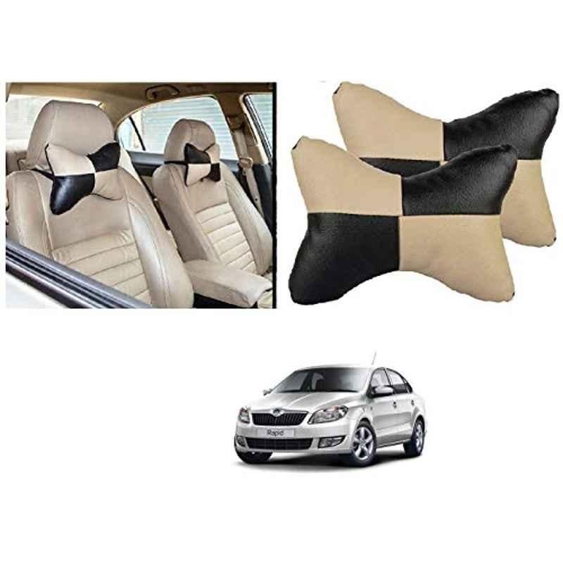Kozdiko 2 Pcs Black & Beige Square Chess Design Car Neck Rest Pillow Set for Skoda Rapid
