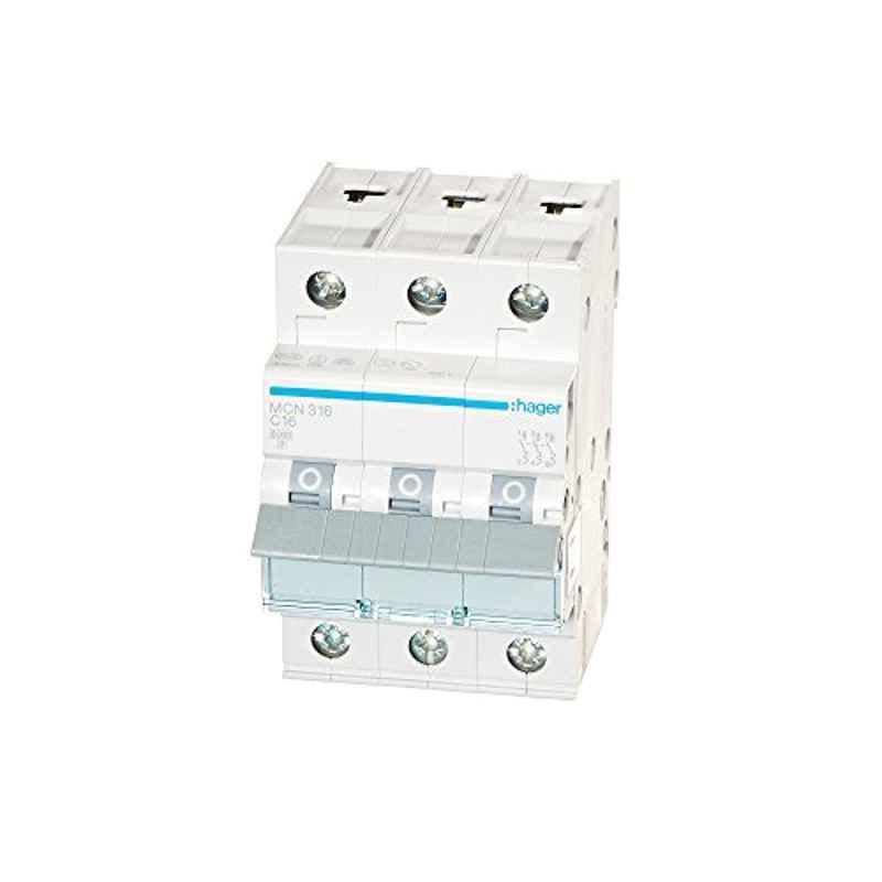 Hager 16A 6kA Three Pole Miniature Circuit Breaker, MCN316