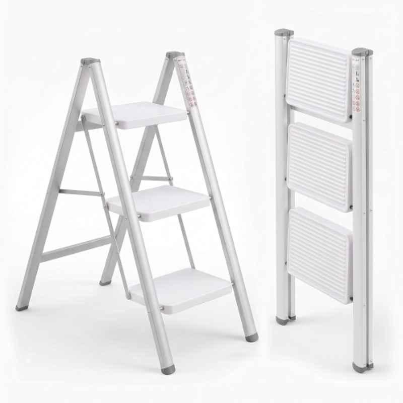 Corvids 150kg 3 Step White Heavy Duty Carbon Steel Foldable Step Ladder with 2 Years Warranty, Anti-Slip Wide Steps, Portable Multipurpose Folding Step Ladder for Home, Kitchen & Office Use