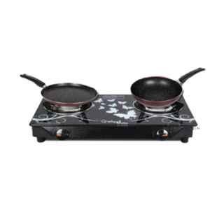 Sigri-Wala Surya Prime Cook 2 Burner Toughened Glass Black Manual Gas Stove with Fry Pan & Dosa Tawa
