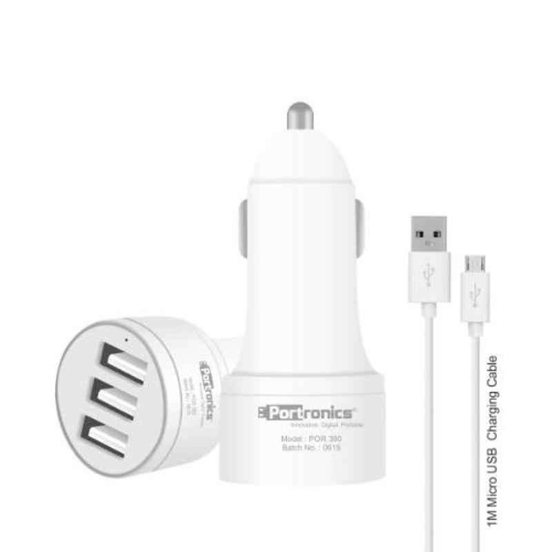 Portronics Car Power 3T White 3.4A Car Charger with 3 USB Port, POR-380 (Pack of 5)