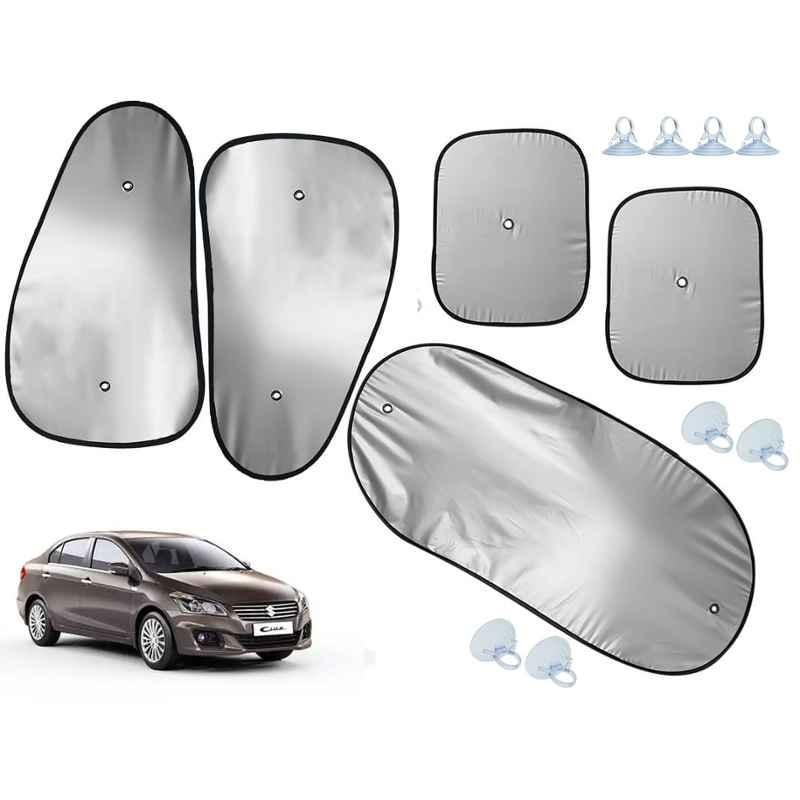 Auto Pearl 5 Pcs Polyester Black & Silver Window & Rear Sun Shade Set for Maruti Suzuki Ciaz 2014-2017